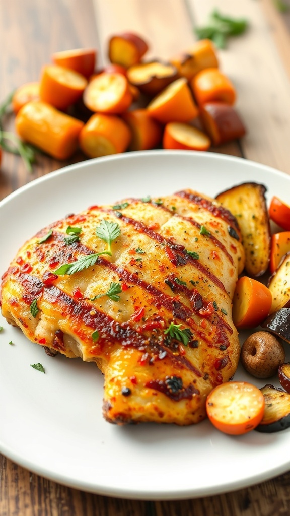 Crispy sous vide air fryer chicken breast on a plate with roasted vegetables.